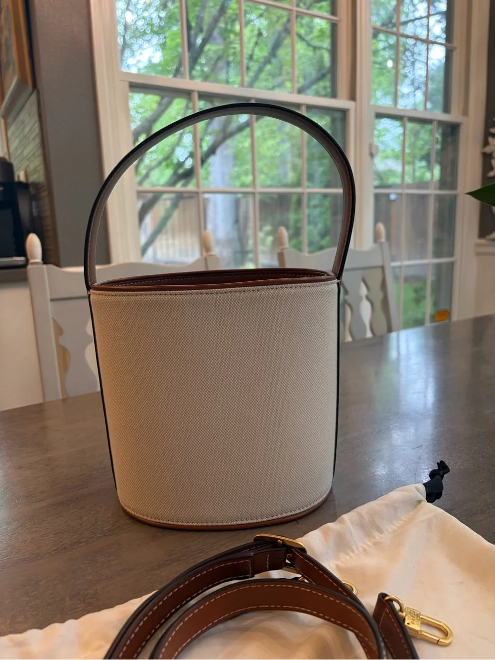 STAUD Bissett Leather-Trimmed Canvas Bucket Bag - Picture 2 of 9